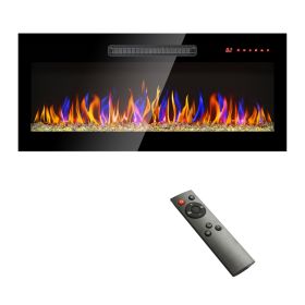 36 inch recessed ultra thin tempered glass front wall mounted electric fireplace with remote and multi color flame & emberbed, LED light heater