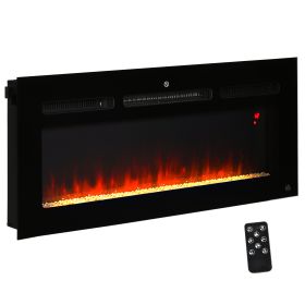 HOMCOM 40" 1500W Recessed and Wall Mounted Electric Fireplace Inserts with Remote, Adjustable Flame Color and Brightness, Cryolite-Effect Rocks, Black