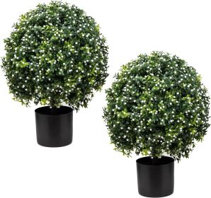 Two 20" Artificial Boxwood Topiary Ball Trees, UV Resistant House Plants, Artificial Bud Trees for Indoor and Outdoor Home Gardens (Orange Flowers, 2) (Color: White)